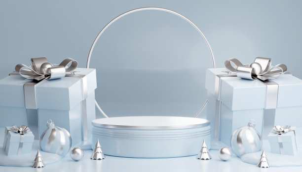 3D渲染圆柱讲台在圣诞圣诞老人和圣诞树，礼品盒，彩带，产品，香水，促销销售，演示，化妆品的背景色。图片下载