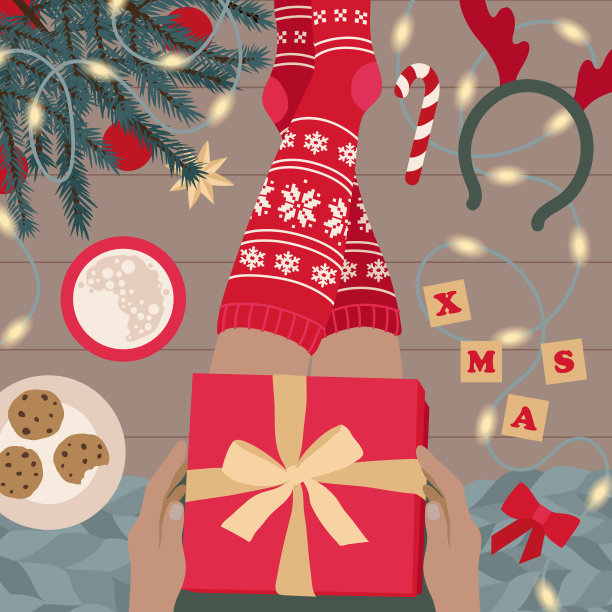 手拿礼物，巧克力饼干，杯子和圣诞树。平铺冬季插画图片下载
