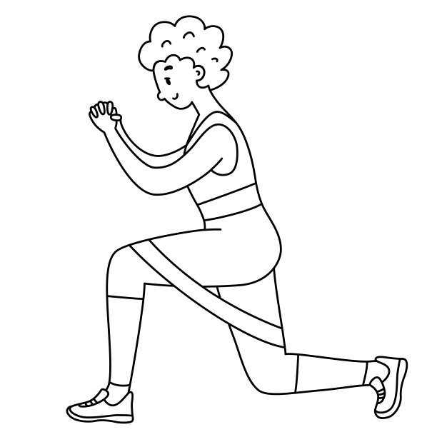 黑人女孩在锻炼，涂鸦运动图标与阻力带，非洲妇女在健身房训练，箭步健身锻炼，矢量插图运动在家里图片下载