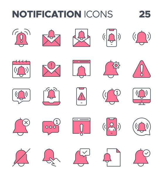 彩色通知图标设置。易于颜色警报图标收集。推送通知铃、新消息、通知、未接来电细线设计符号图片下载