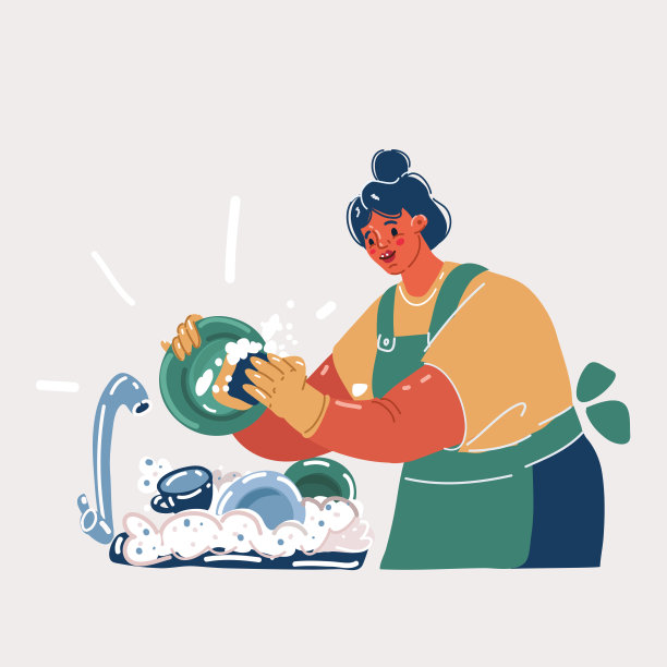 矢量插图的妇女洗盘子在厨房图片下载