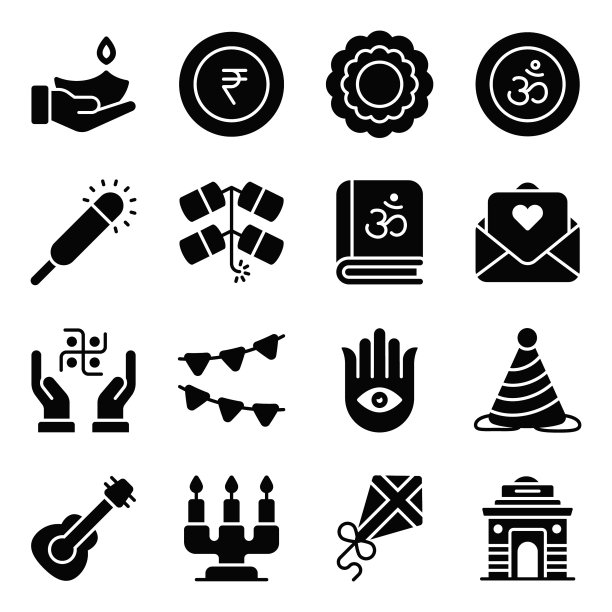 排灯节图标集，glyph矢量图标，排灯节印度教节日元素图片下载