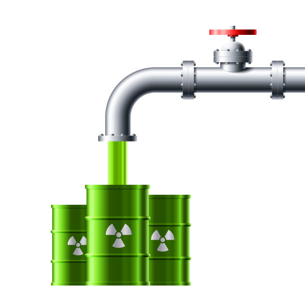 有毒废物从管道流入带有辐射矢量插图标志的绿色桶中图片下载