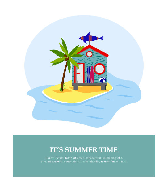 有冲浪板的海滨平房。海景明信片模板。矢量图。图片下载