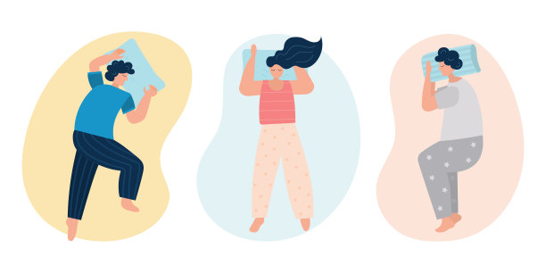 一组年轻男女以不同的姿势睡在枕头上。矢量图图片下载