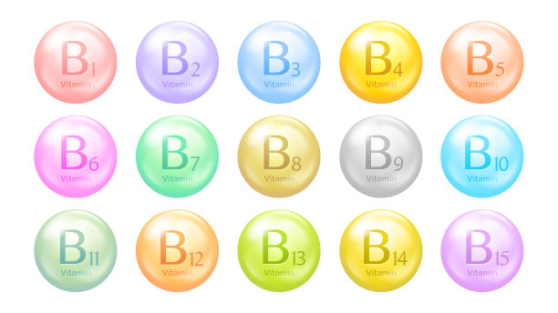B族维生素矢量图标：一组圆形彩色药丸，健康生活概念图片下载