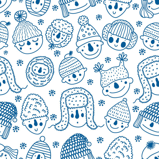 有趣的矢量着色无缝模式与人的脸在冬天的帽子。图片下载
