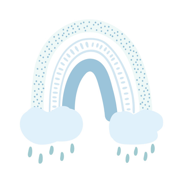 手绘可爱的卡通彩虹与云和雨滴。矢量插画的现代斯堪的纳维亚彩虹，儿童设计元素海报，织物印花，卡片，儿童服装图片下载