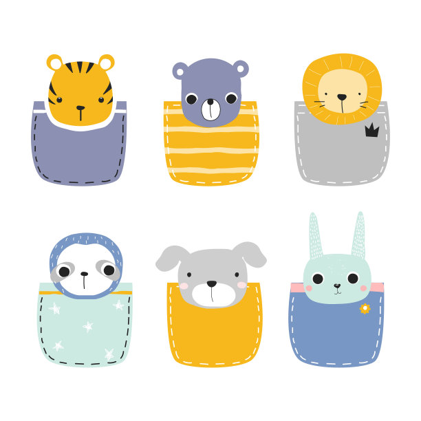 一套有趣的口袋动物。孩子的方式打印。矢量手绘插图。图片下载