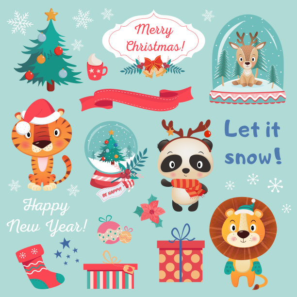 彩色套不同的圣诞和新年装饰，可爱的动物在蓝色的背景图片下载