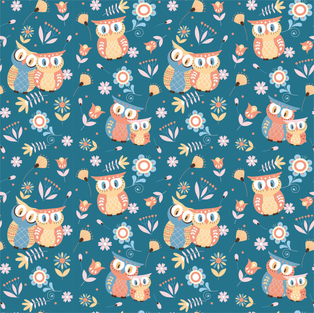 无缝模式与彩色猫头鹰在蓝色背景图片下载
