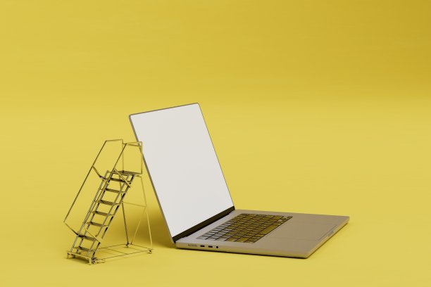 在线工作的概念。楼梯通向一台黄色背景的打开的笔记本电脑。三维渲染图片下载