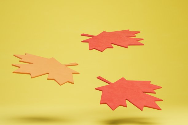 秋天的落叶。黄色背景上五颜六色的树叶飞舞。三维渲染图片下载