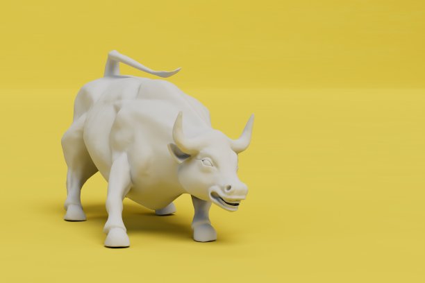 在黄色的背景上，公牛攻击的身影是白色的。复制粘贴，复制空格。三维渲染图片下载