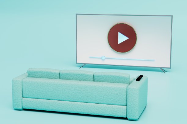 沙发放在摇篮上，在智能电视前面有一个遥控器，显示器上有一个播放按钮。三维渲染图片下载
