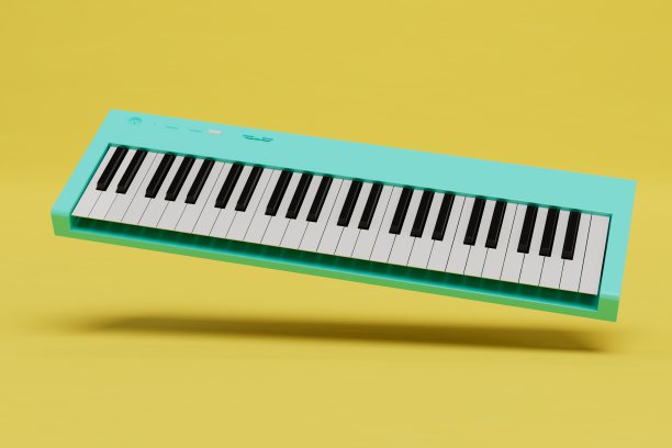 在合成器。黄色背景上的绿松石合成器。三维渲染图片下载