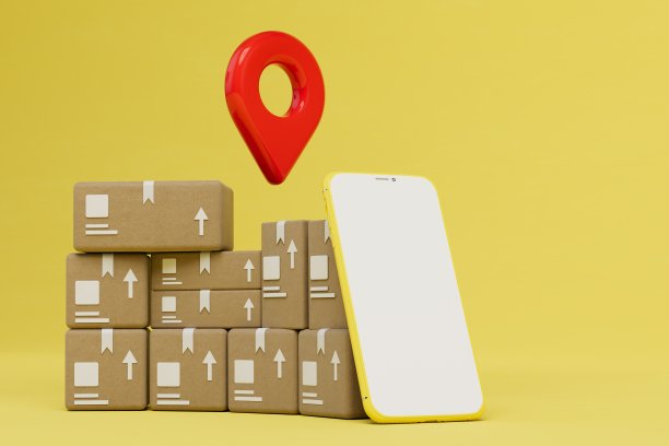 通过智能手机在线订购包裹送到该地址。电话，包裹和jps点。三维渲染图片下载