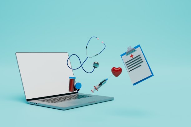 医疗在线预约。笔记本电脑，预约表和蓝色背景的医疗设备。三维渲染图片下载