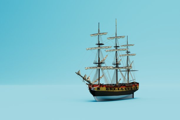 蓝色背景上一艘大运输船的帆瘪了。复制粘贴，复制空格。三维渲染图片下载