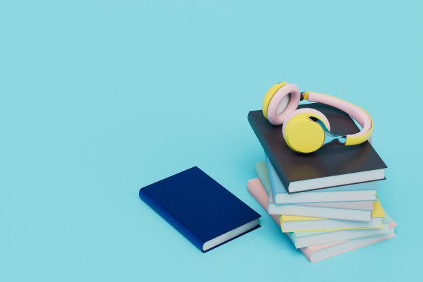 在网上听有声读物。耳机和蓝色背景的书。复制粘贴，复制空格。三维渲染图片下载