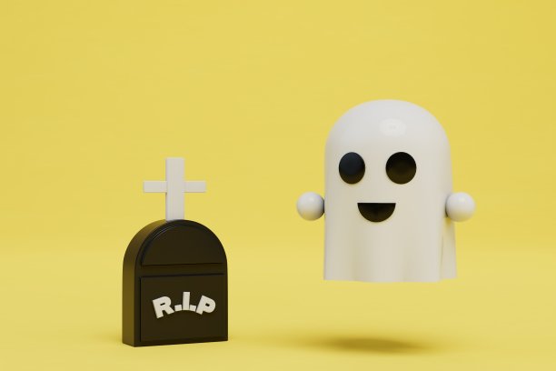 庆祝万圣节的概念黄色背景上的坟墓和鬼魂。三维渲染图片下载