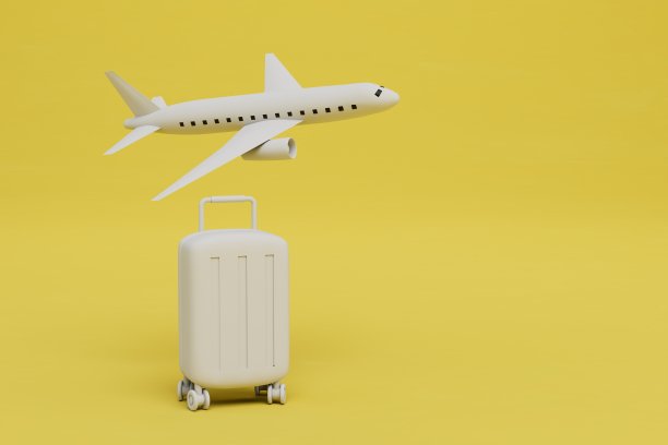 乘飞机旅行的概念。飞机和黄色背景的行李箱。复制粘贴。三维渲染图片下载