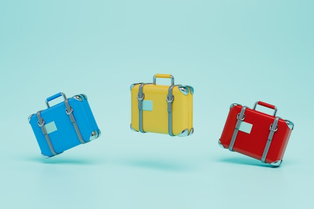 蓝色背景的彩色旧旅行箱。三维渲染图片下载