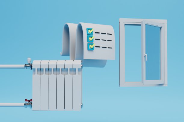 支付供暖。打开塑料窗，蓝色背景上的电池和暖气账单。三维渲染图片下载