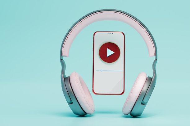 用智能手机戴着耳机听音乐。屏幕上有播放按钮和耳机的手机。三维渲染图片下载
