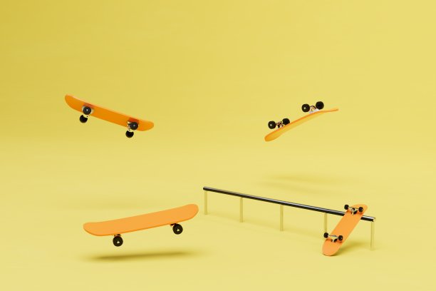 积极的生活方式。在滑板轨道上溜冰，滑板围绕在黄色背景上。三维渲染图片下载