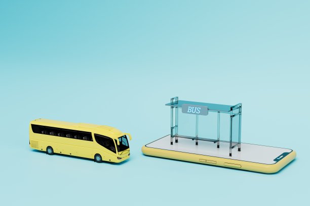 智能手机中的客车时刻表。站在智能手机上的公交车站和公交车。三维渲染图片下载