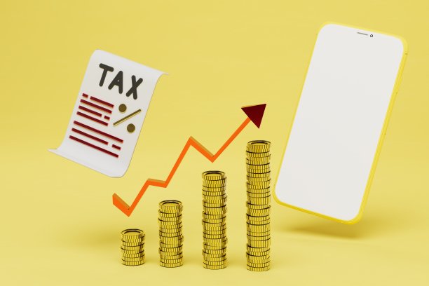 网上纳税。智能手机、纳税申报表、图表箭头和成堆的美元硬币。三维渲染图片下载