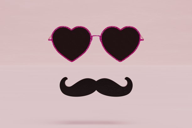 属性的照片。黑色的心形眼镜和彩色背景上的黑色胡子。三维渲染图片下载