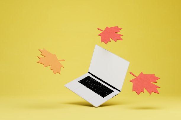 在线教育和远程工作的概念。一台笔记本电脑，让它飞起来。三维渲染图片下载