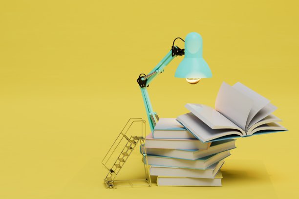 在灯光下学习。一堆书，上面有一盏灯，还有一个楼梯通向一本打开的书。三维渲染图片下载