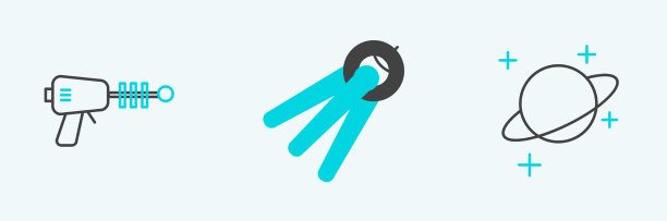 设置线行星射线枪和卫星图标图片下载