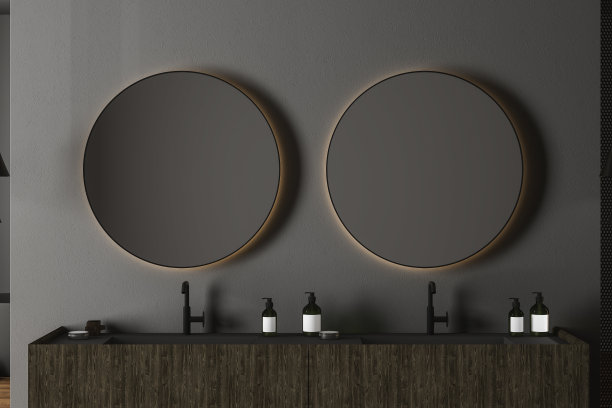 近景的现代浴室，黑色的墙壁和木制双水槽与椭圆形镜子。三维渲染图片下载