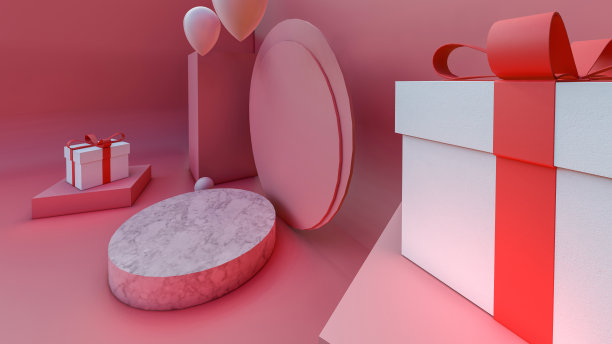 3D渲染，礼品和气球的3D渲染，放置产品的场景和讲台，背景和粉色颜色，图片下载