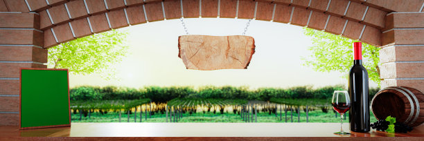 放在酒瓶和小酒桶旁边。在窗边的柜台上。地板是木头做的。葡萄园外的红砖墙窗，用来酿酒。三维渲染图片下载