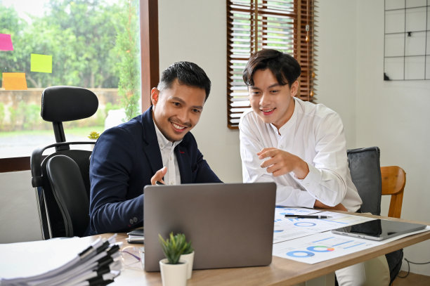 两个亚洲商人的同事，一起在笔记本电脑上检查他们的项目。图片下载