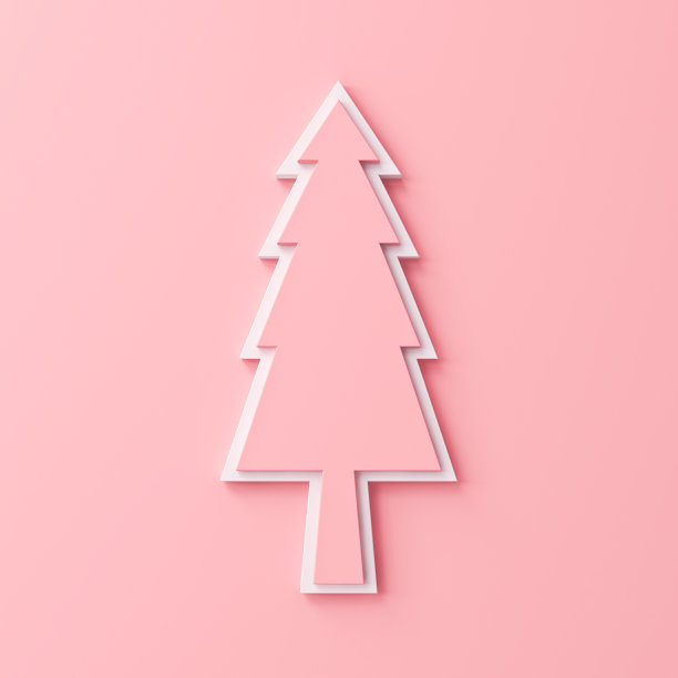 最小的3d粉色粉彩圣诞树标志隔离在浅粉色墙壁背景与阴影3d渲染图片下载