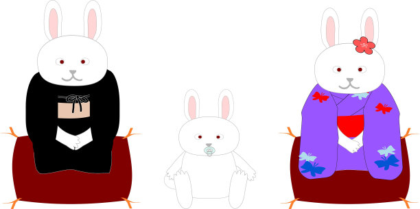 兔子父母和穿着和服的孩子图片下载