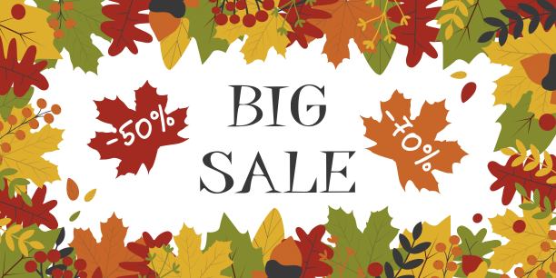 大旗帜。闪亮的秋叶。商业折扣卡。矢量插图。登陆页模板与秋天的树叶和有利可图的折扣扁平风格的设计。图片下载