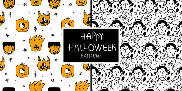 万圣节套装无缝衔接，图案有吸血鬼、怪物、鬼魂、僵尸和骷髅头。10月31日令人毛骨悚然的矢量插画。图片下载