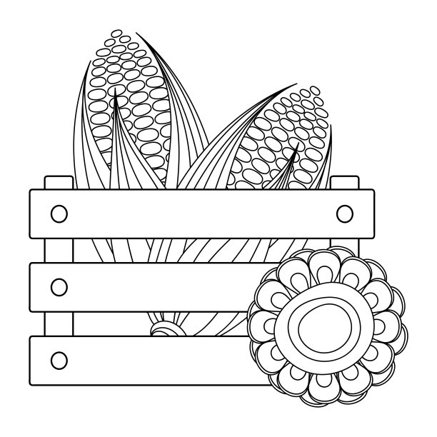 收获，涂色书页。木盒里的玉米棒。图片下载