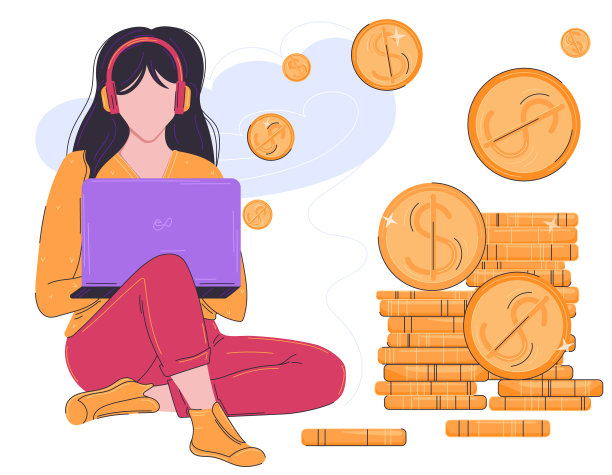 一个拿着笔记本电脑的女孩坐在一大堆金币旁边图片下载