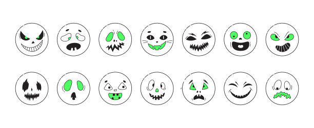 万圣节人脸图标集。白色背景上诡异的圆形微笑贴纸。万圣节设计。矢量圆面插图。图片下载