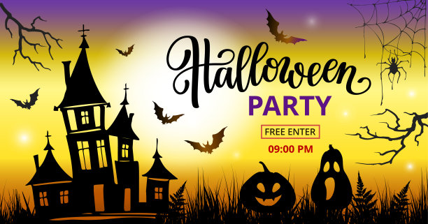 万圣节派对海报，有字母，城堡，蝙蝠，蜘蛛和南瓜。矢量设计模板的邀请，传单，庆祝横幅。矢量插图。图片下载