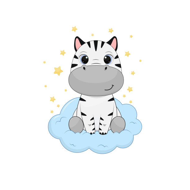 卡通斑马坐在一片蓝色的云上。矢量插图设计和印刷图片下载