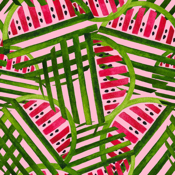程式化的条纹西瓜。无缝模式。水彩插图。美味的西瓜，粉色的背景。图片下载